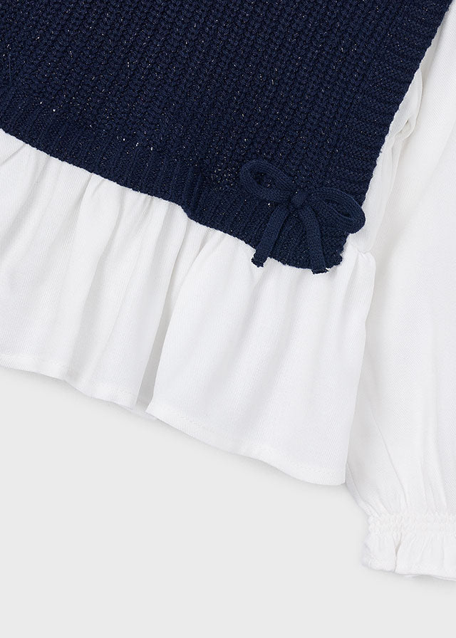 Blusa Bambina con Top in Maglia Blu Navy e Fiocchi Mayoral