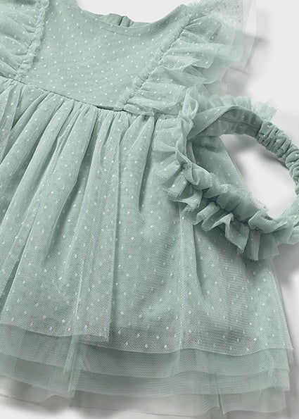 Abito Neonata in Tulle Verde Salvia con Fascia Coordinata Mayoral