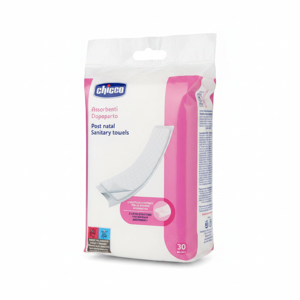 Chicco Assorbenti Dopoparto ad alta assorbenza, morbidi e traspiranti, ideali per garantire comfort e protezione durante il periodo del puerperio.