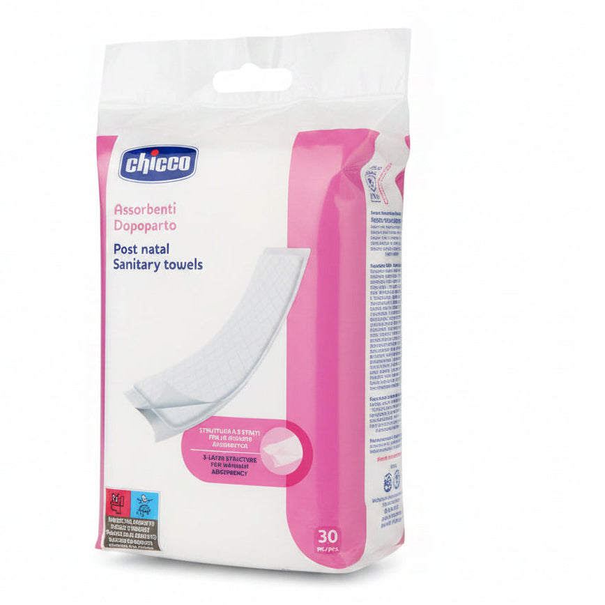 Chicco Assorbenti Dopoparto ad alta assorbenza, morbidi e traspiranti, ideali per garantire comfort e protezione durante il periodo del puerperio.