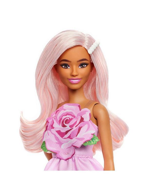 Bambola Barbie Fashionistas n. 238 con abito rosa e dettaglio floreale sul corpetto.