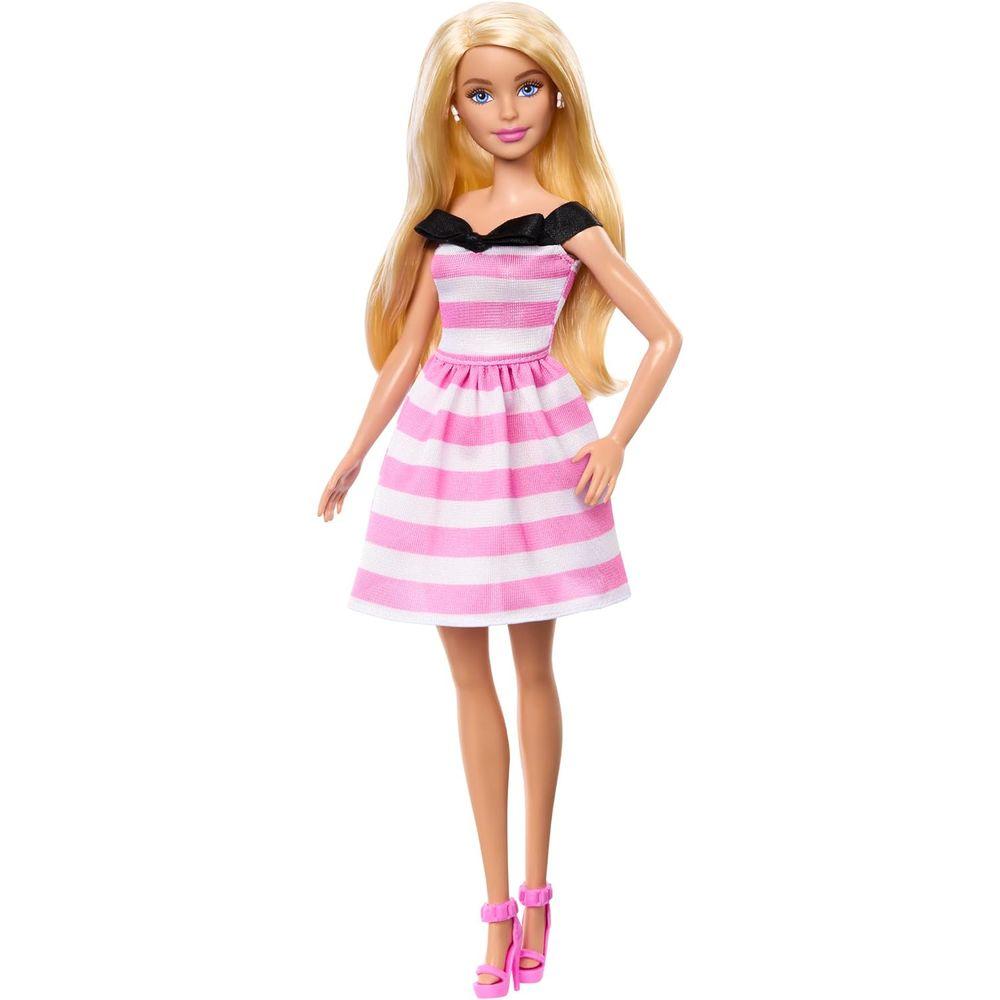Barbie 65° Anniversario con abito rosa e bianco ispirato al look classico Barbie