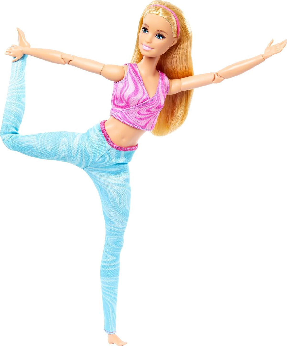 Barbie Made to Move con capelli biondi, top rosa e pantaloni da yoga blu