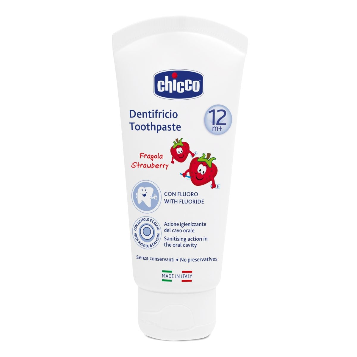Chicco Dentifricio Fragola 50 ml per bambini da 1 a 5 anni, confezione bianca e verde acqua con fragola rosa.