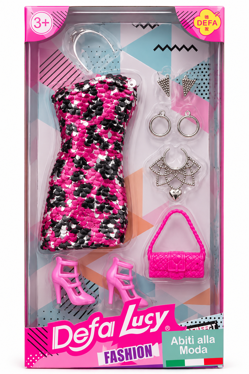Completo fashion Defa Lucy per bambola con abito rosa e nero e accessori
