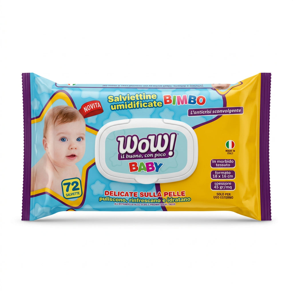 Confezione WOW! Baby di salviettine umidificate delicate sulla pelle.