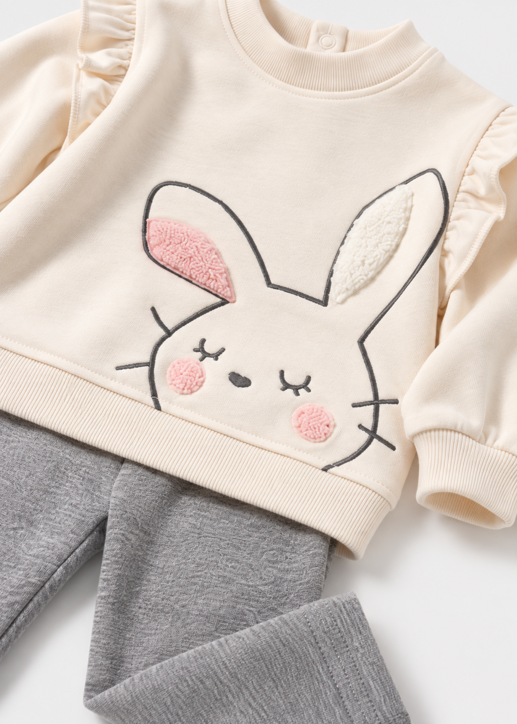 Dettaglio completo neonata con felpa écru, coniglietto applicato e leggings grigio mélange Mayoral
