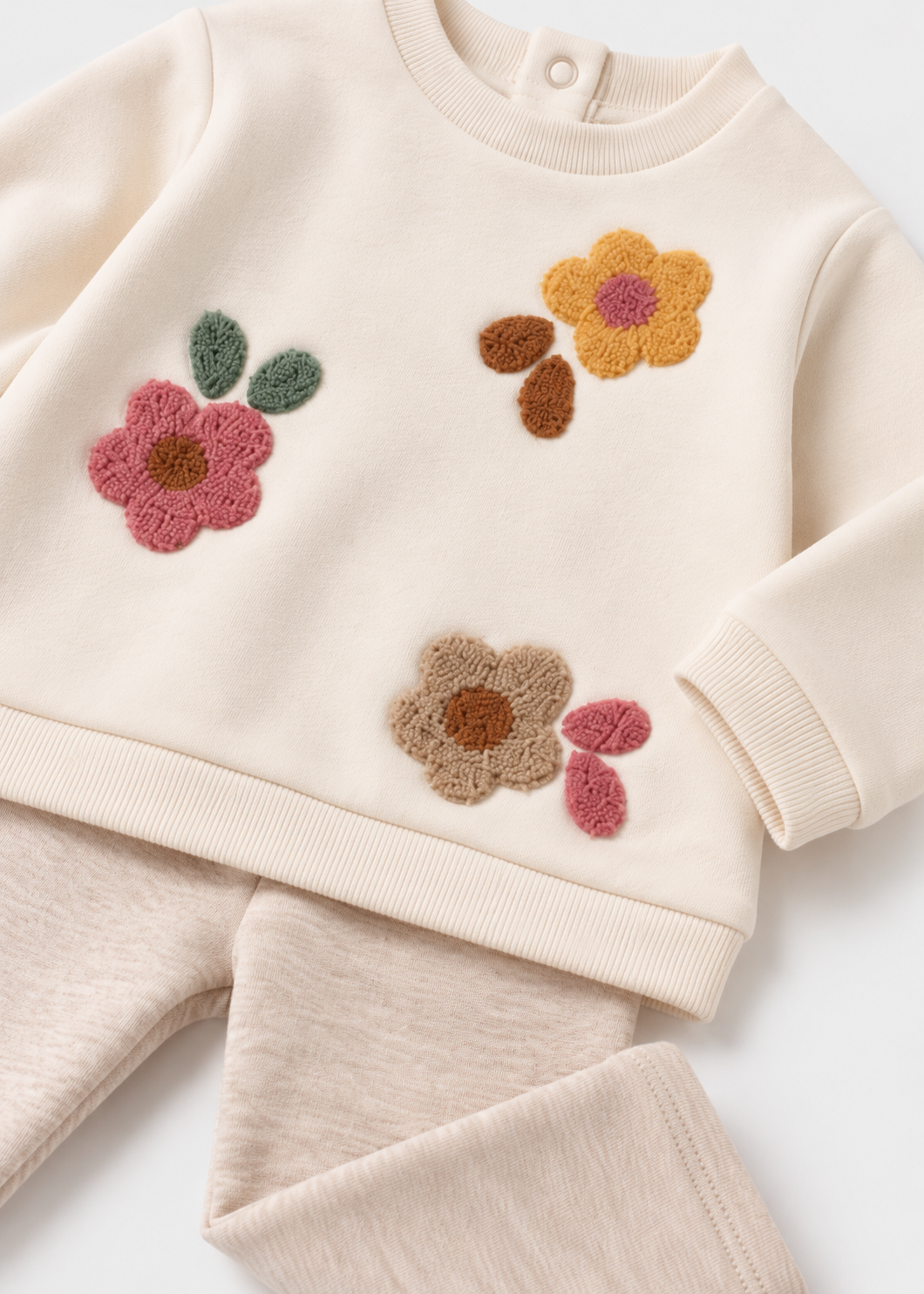 Dettaglio felpa neonata écru con fiori applicati multicolore e pantalone beige Mayoral