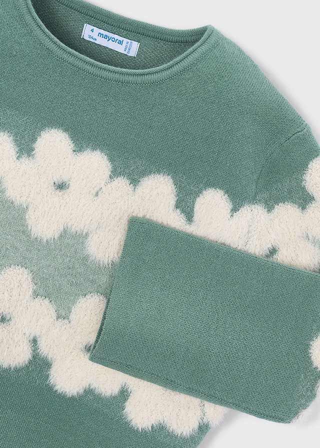 Dettaglio fiori effetto peluche del maglione bambina Mayoral verde acqua