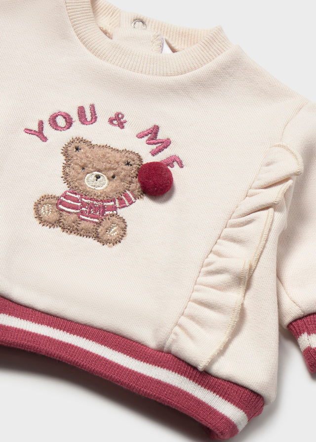 Felpa girocollo neonata Mayoral écru con orsetto e volant
