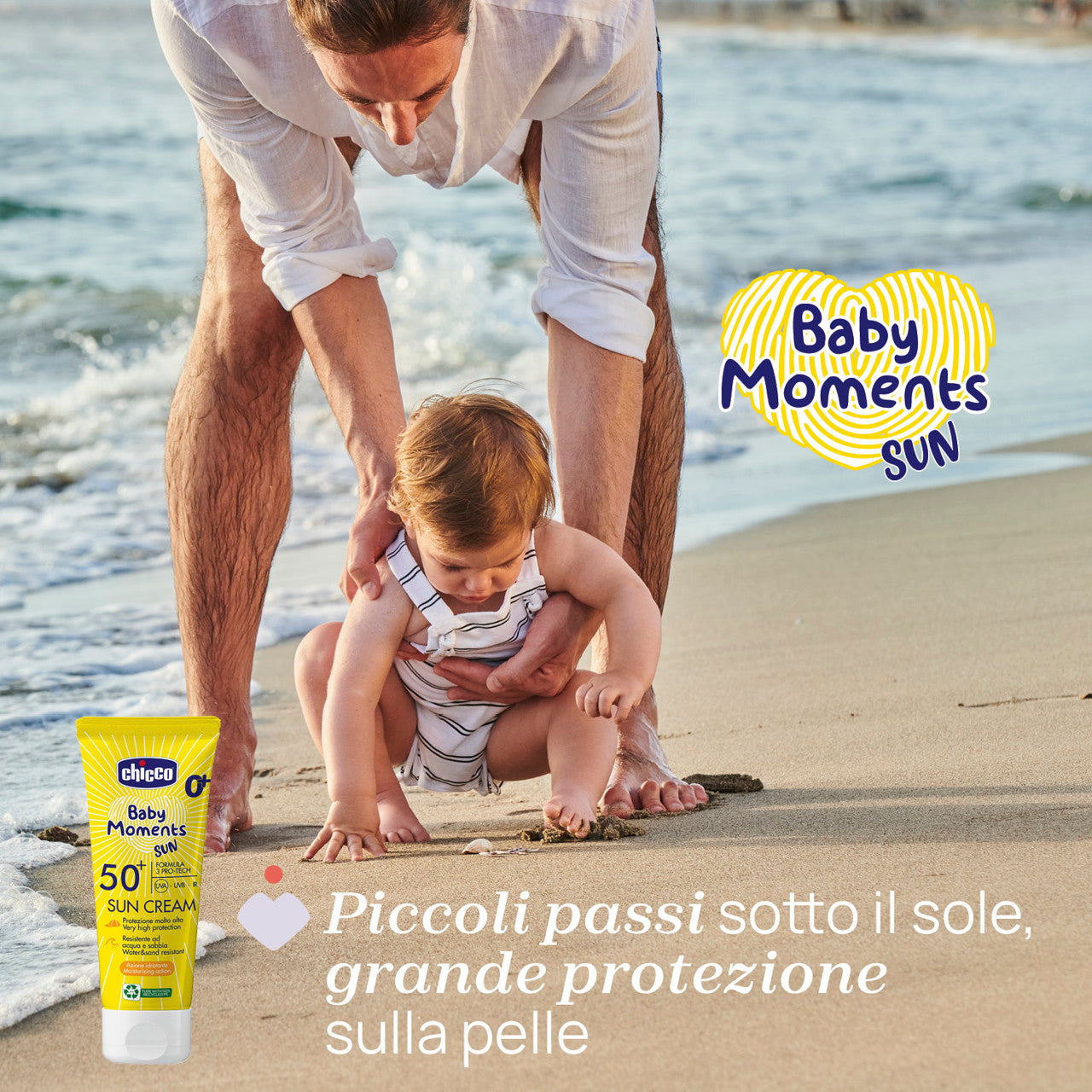 Chicco Crema Solare SPF 50+ 75 ml con protezione molto alta UVA e UVB, ideale per la pelle delicata di neonati e bambini.