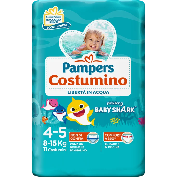 Pampers Costumino Pannolino Misura 4-5 per bambini da 8 a 15 kg, confezione da 11 pezzi con grafica Baby Shark, ideale per mare e piscina.
