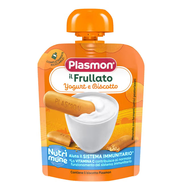 Plasmon Spremi e Gusta Yogurt e Biscotto 85 g, merenda cremosa in pouch richiudibile per bambini dai 6 mesi.