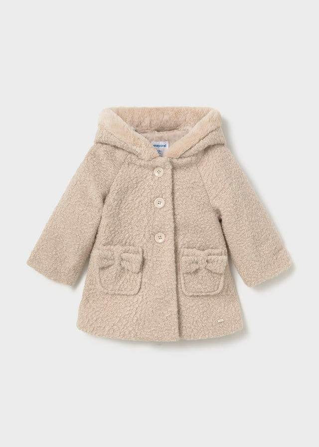 Cappotto Teddy Beige con Cappuccio e Fiocchi Neonata Mayoral