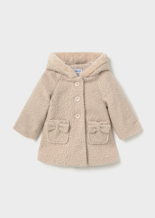 Cappotto Teddy Beige con Cappuccio e Fiocchi Neonata Mayoral