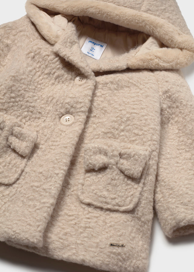Cappotto Teddy Beige con Cappuccio e Fiocchi Neonata Mayoral