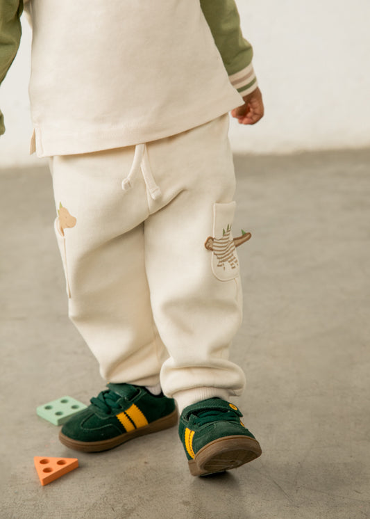 Pantalone Jogger Neonato in Felpa Panna con Animaletti Mayoral