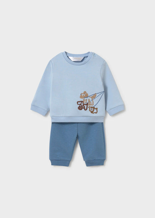 Completo Neonato 2 Pezzi con Felpa Azzurro Cielo con Cagnolini e Pantalone Blu Mayoral