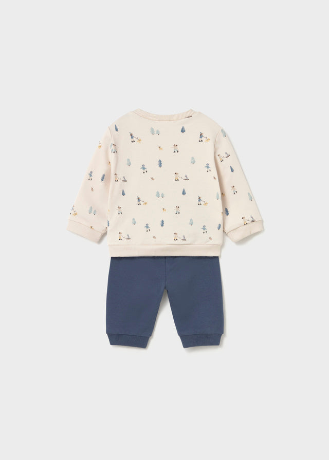 Completo Neonato 2 Pezzi con Felpa Écru Stampata e Pantalone Blu Mayoral