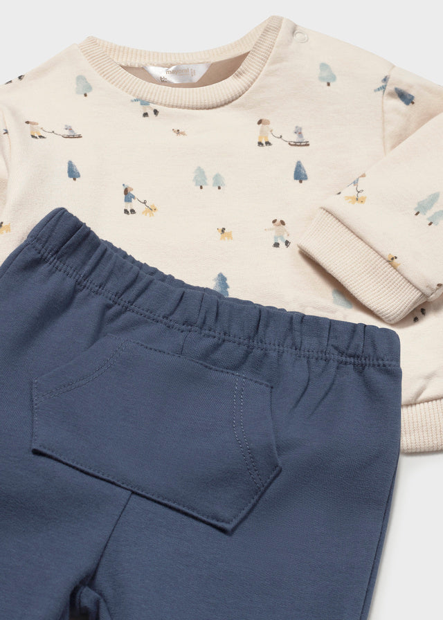 Completo Neonato 2 Pezzi con Felpa Écru Stampata e Pantalone Blu Mayoral