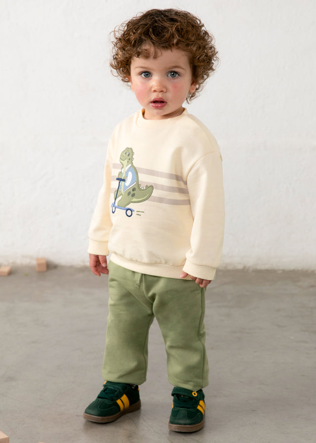 Tuta neonato Mayoral con felpa écru e pantaloni verde salvia e beige
