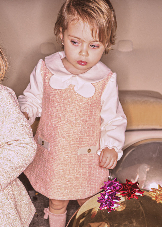 Vestito Neonata Rosa Effetto Tweed con Colletto e Fiocco Mayoral
