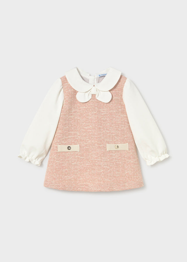 Vestito Neonata Rosa Effetto Tweed con Colletto e Fiocco Mayoral