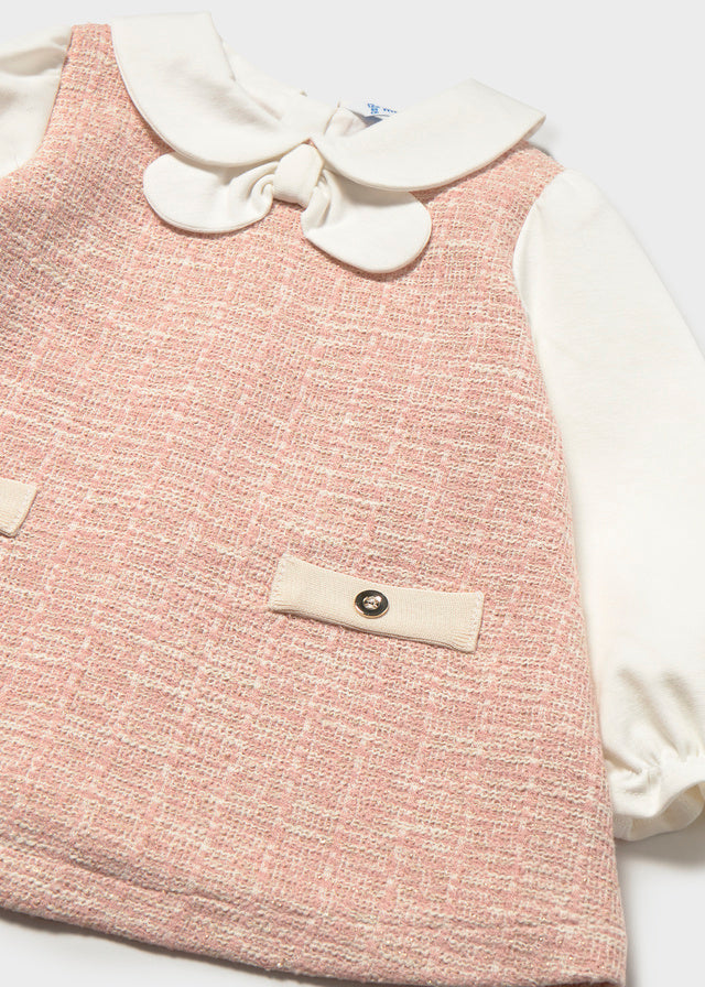 Vestito Neonata Rosa Effetto Tweed con Colletto e Fiocco Mayoral