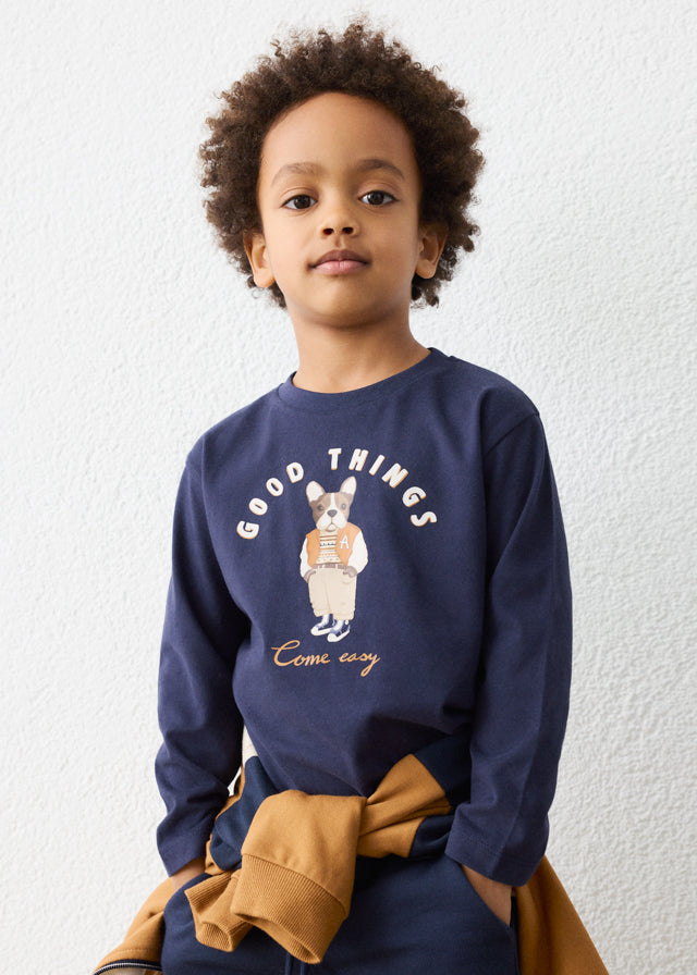 Maglia Bambino a Manica Lunga Blu Navy con Stampa Cane Mayoral