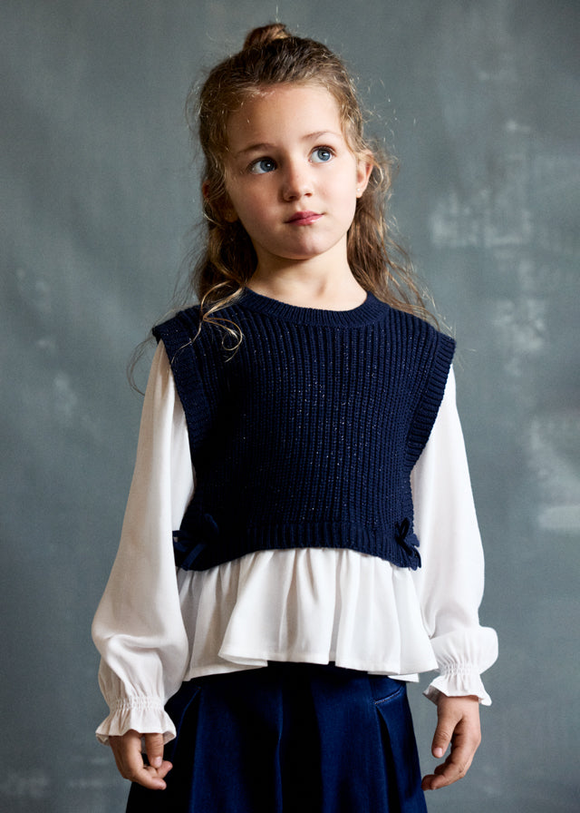 Blusa Bambina con Top in Maglia Blu Navy e Fiocchi Mayoral