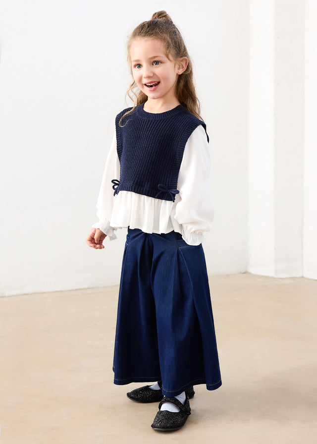 Blusa Bambina con Top in Maglia Blu Navy e Fiocchi Mayoral