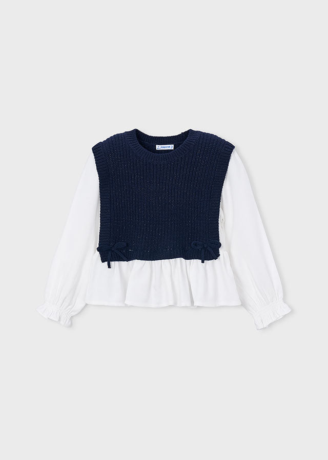 Blusa Bambina con Top in Maglia Blu Navy e Fiocchi Mayoral