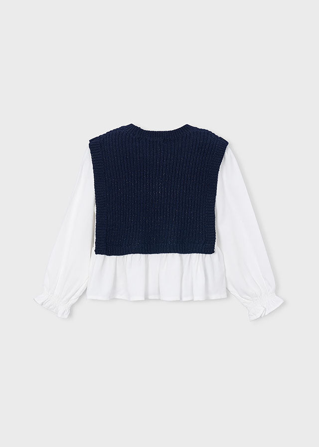 Blusa Bambina con Top in Maglia Blu Navy e Fiocchi Mayoral