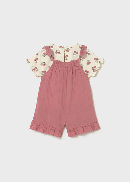 Completo neonata con salopette rosa e t-shirt ciliegie Mayoral