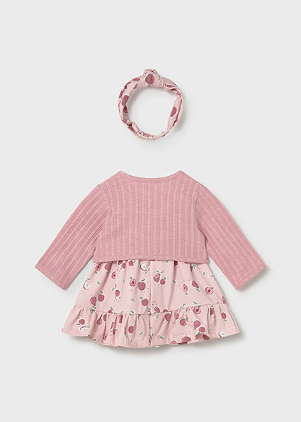 Completo neonata con abito stampa pesche e cardigan + fascia Mayoral