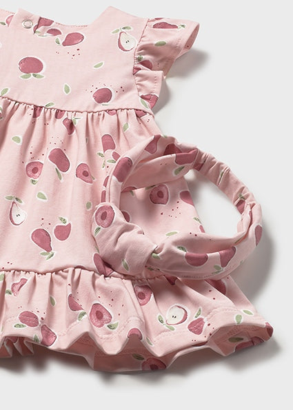 Completo neonata con abito stampa pesche e cardigan + fascia Mayoral