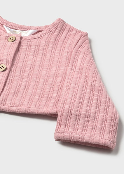 Completo neonata con abito stampa pesche e cardigan + fascia Mayoral