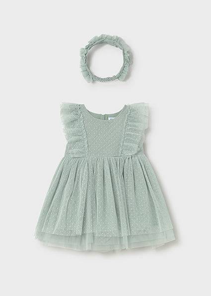 Abito Neonata in Tulle Verde Salvia con Fascia Coordinata Mayoral