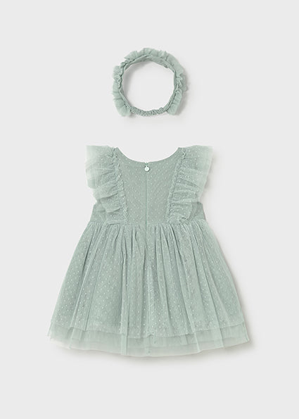 Abito Neonata in Tulle Verde Salvia con Fascia Coordinata Mayoral