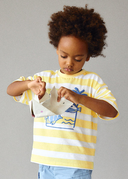 T-shirt bambino righe con stampa mare Mayoral
