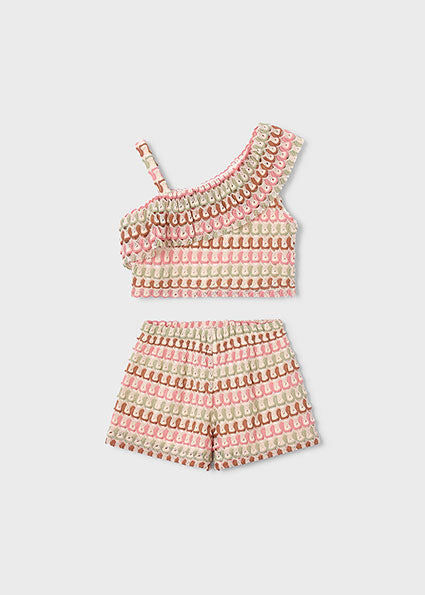 Completo bambina top monospalla e shorts traforati Mayoral