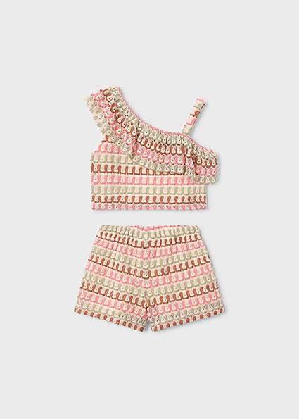 Completo bambina top monospalla e shorts traforati Mayoral