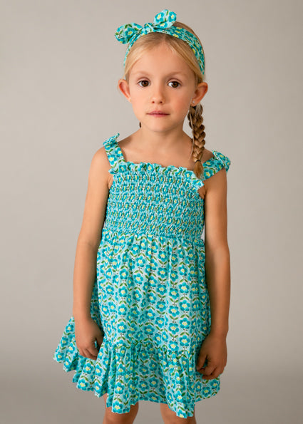 Abito bambina fantasia turchese con fascia coordinata Mayoral