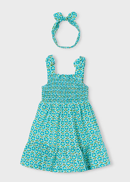 Abito bambina fantasia turchese con fascia coordinata Mayoral