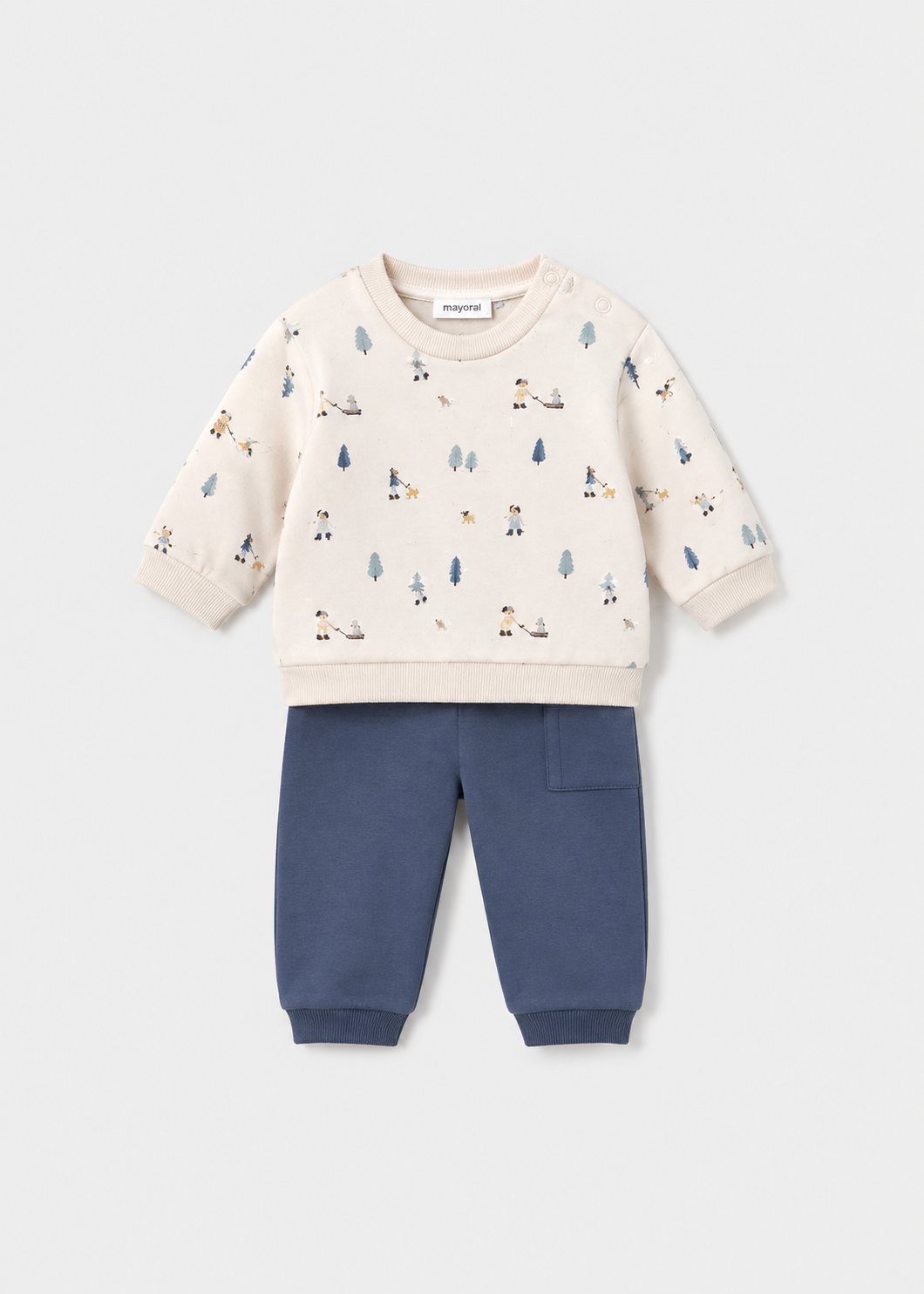 Completo Neonato 2 Pezzi con Felpa Écru Stampata e Pantalone Blu Mayoral