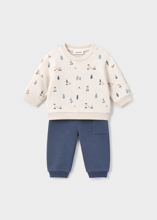 Completo Neonato 2 Pezzi con Felpa Écru Stampata e Pantalone Blu Mayoral