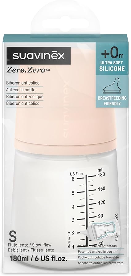 Suavinex Zero.Zero Biberon in Silicone Flusso Lento 180 ml – Light (con sacca interna)