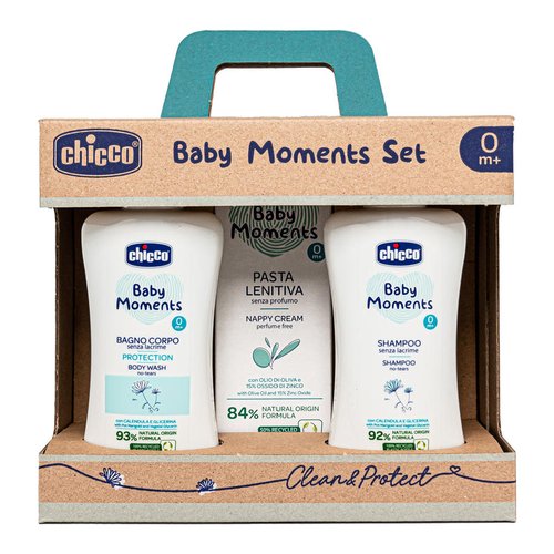Chicco Baby Moments Set Regalo Neonato 0+ Mesi – Bagno Corpo, Shampoo e Pasta Lenitiva