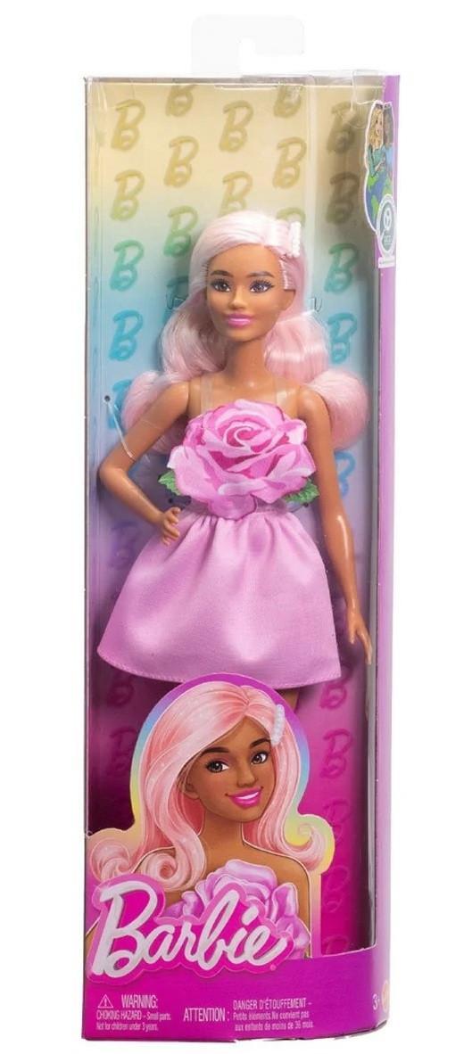 Bambola Barbie Fashionistas n. 238 con abito rosa e dettaglio floreale sul corpetto.