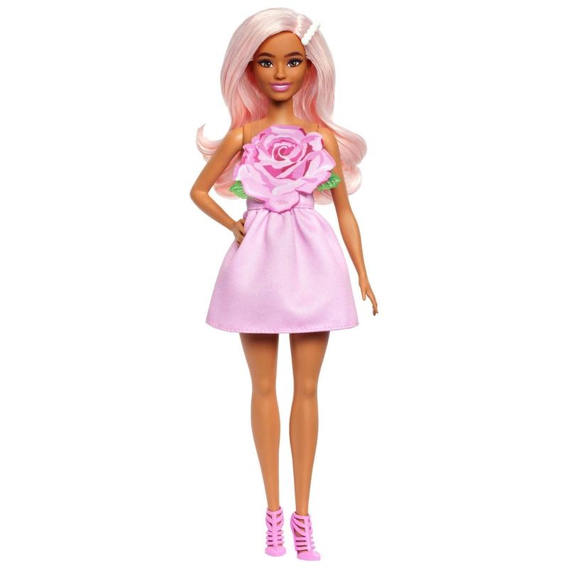 Bambola Barbie Fashionistas n. 238 con abito rosa e dettaglio floreale sul corpetto.